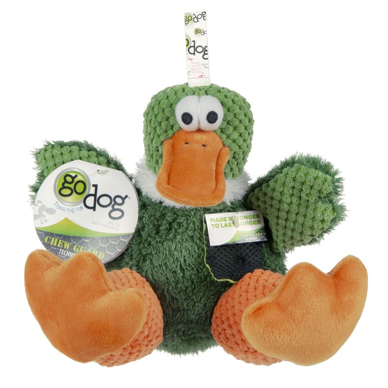 goDog Checkers Sitting Duck Squeaky Plush Dog Toy, Chew Guard Technology - Green, Large - Image 2